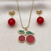 Juego de Arete y Dije de Adulto 10.417.0019 Oro Laminado, Diseño de Cereza y Bola, Diseño de Cereza, Esmaltado Rojo, Dorado