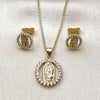Juego de Arete y Dije de Adulto 10.156.0537 Oro Laminado, Diseño de Guadalupe, con Zirconia Cubica Blanca, Pulido, Dorado