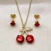 Juego de Arete y Dije de Adulto 10.417.0016 Oro Laminado, Diseño de Cereza, con Zirconia Cubica Granate, Esmaltado Rojo, Dorado