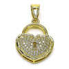 Dije Elegante 05.411.0025 Oro Laminado, Diseño de Corazon y Llave, Diseño de Corazon, con Micro Pave Blanca, Pulido, Dorado