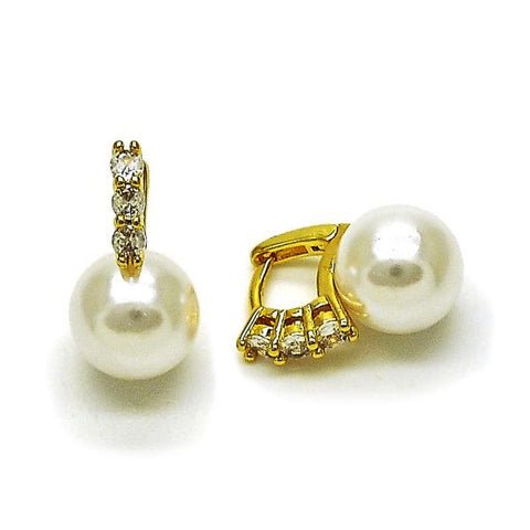 Argolla Huggie 02.341.0239.10 Oro Laminado, Diseño de Bola, con Perla Marfil y Zirconia CubicaBlanca, Pulido, Dorado