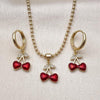 Juego de Arete y Dije de Adulto 10.282.0005 Oro Laminado, Diseño de Cereza, con Micro Pave Blanca, Esmaltado Rojo, Dorado