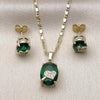 Juego de Arete y Dije de Adulto 10.196.0168 Oro Laminado, Diseño de Corazon, con Zirconia Cubica Verde y Blanca, Pulido, Dorado