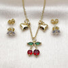 Juego de Arete y Dije de Adulto 10.411.0016 Oro Laminado, Diseño de Cereza y Corazon, Diseño de Cereza, con Zirconia Cubica Blanca y Granate, Pulido, Dorado