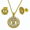 Juego de Arete y Dije de Adulto 10.156.0543 Oro Laminado, Diseño de Guadalupe, con Zirconia Cubica Blanca, Pulido, Dorado
