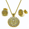 Juego de Arete y Dije de Adulto 10.156.0538 Oro Laminado, Diseño de San Benito, con Zirconia Cubica Blanca, Pulido, Dorado