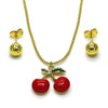 Juego de Arete y Dije de Adulto 10.417.0018 Oro Laminado, Diseño de Cereza y Bola, Diseño de Cereza, Esmaltado Rojo, Dorado