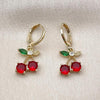 Arete Colgante 02.323.0097 Oro Laminado, Diseño de Cereza, con Zirconia Cubica Granate y Verde, Pulido, Dorado