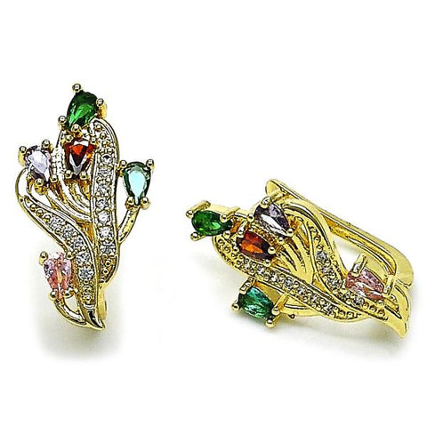 Argolla Huggie 02.210.0882.15 Oro Laminado, Diseño de Flor y Arbol, Diseño de Flor, con Zirconia Cubica Multicolor y Blanca, Pulido, Dorado