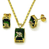 Juego de Arete y Dije de Adulto 10.196.0169 Oro Laminado, Diseño de Corazon y Flecha, Diseño de Corazon, con Zirconia Cubica Verde y Blanca, Pulido, Dorado