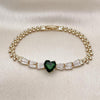 Pulsera Elegante 03.283.0304.4.07 Oro Laminado, Diseño de Corazon y Baguette, Diseño de Corazon, con Zirconia Cubica Blanca y Verde, Pulido, Dorado