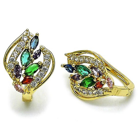 Argolla Huggie 02.210.0872.16 Oro Laminado, Diseño de Oja, con Zirconia Cubica Multicolor y Blanca, Pulido, Dorado