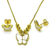 Juego de Arete y Dije de Adulto 10.341.0021 Oro Laminado, Diseño de Mariposa y Bola, Diseño de Mariposa, Esmaltado Blanco, Dorado