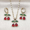 Juego de Arete y Dije de Adulto 10.411.0015 Oro Laminado, Diseño de Cereza, con Zirconia Cubica Granate y Verde, Pulido, Dorado