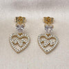 Arete Colgante 02.283.0229 Oro Laminado, Diseño de Corazon, con Zirconia Cubica Blanca, Pulido, Dorado
