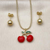 Juego de Arete y Dije de Adulto 10.417.0018 Oro Laminado, Diseño de Cereza y Bola, Diseño de Cereza, Esmaltado Rojo, Dorado