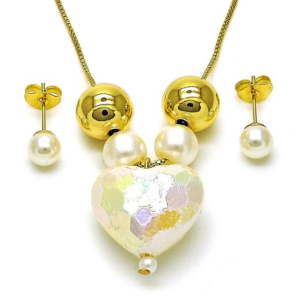 Collar y Arete 06.417.0009 Oro Laminado, Diseño de Chunky y Bola, Diseño de Chunky, con Perla Marfil, Pulido, Dorado