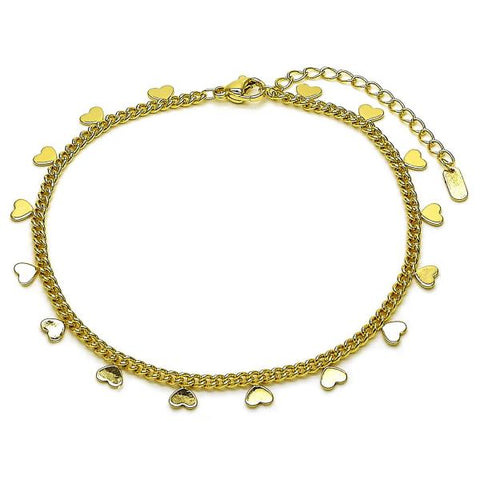 Tobillera Elegante 03.213.0365.10 Oro Laminado, Diseño de Corazon y Miami Cubana, Diseño de Corazon, Pulido, Dorado