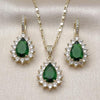 Juego de Arete y Dije de Adulto 10.196.0194 Oro Laminado, Diseño de Cluster y Gota, Diseño de Cluster, con Zirconia Cubica Verde y Blanca, Pulido, Dorado