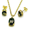 Juego de Arete y Dije de Adulto 10.196.0168 Oro Laminado, Diseño de Corazon, con Zirconia Cubica Verde y Blanca, Pulido, Dorado