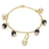 Pulsera de Dije 03.02.0049.7 Oro Laminado, Diseño de Manos y Bola, Diseño de Manos, con Azavache Negro, Pulido, Dorado
