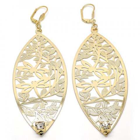Arete Colgante 68.003 Oro Laminado, Diseño de Oja y Libelula, Diseño de Oja, con Cristal Blanca, Diamantado, Dorado
