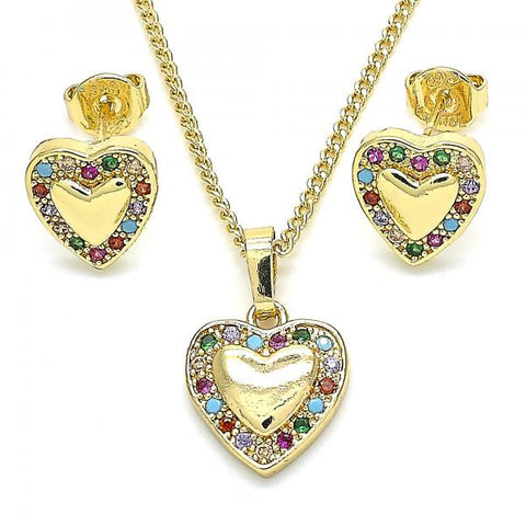 Juego de Arete y Dije de Adulto 10.233.0034 Oro Laminado, Diseño de Corazon, con Micro Pave Multicolor, Pulido, Dorado