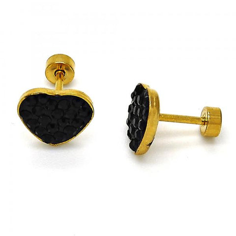 Arete Dormilona 02.271.0022.3 Acero Inoxidable, Diseño de Corazon, con Cristal Negro, Pulido, Dorado