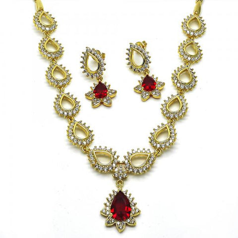 Collar y Arete 06.205.0024.1 Oro Laminado, Diseño de Gota y Flor, Diseño de Gota, con Zirconia Cubica Granate y Blanca, Pulido, Dorado