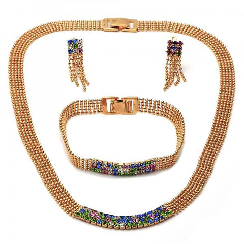 Collar, Pulso y Arete 5.014.002 Oro Laminado, con Zirconia Cubica Multicolor, Pulido, Dorado