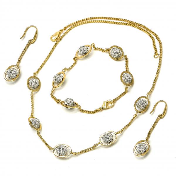 Collar, Pulso y Arete 06.59.0090 Oro Laminado, Diseño de Bola, con Cristal Blanca, Dorado
