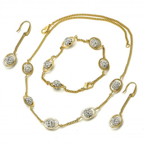 Collar, Pulso y Arete 06.59.0090 Oro Laminado, Diseño de Bola, con Cristal Blanca, Dorado