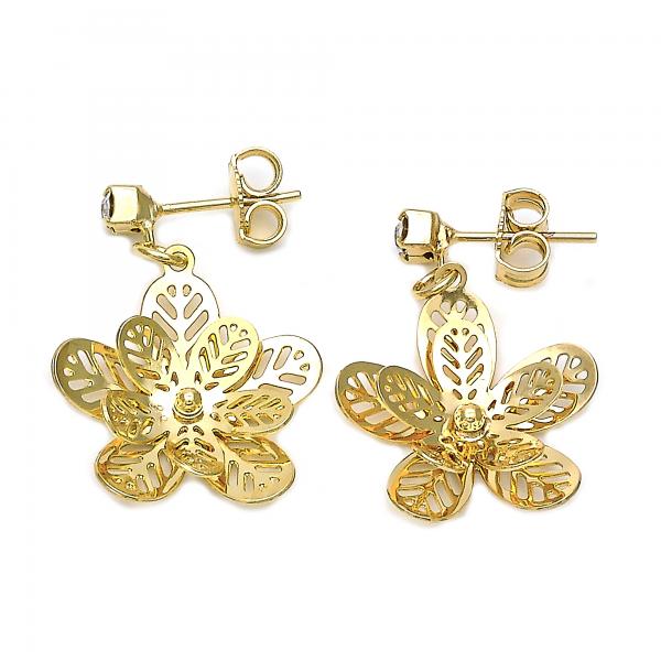 Arete Colgante 02.63.2260 Oro Laminado, Diseño de Flor, con Zirconia Cubica Blanca, Pulido, Dorado