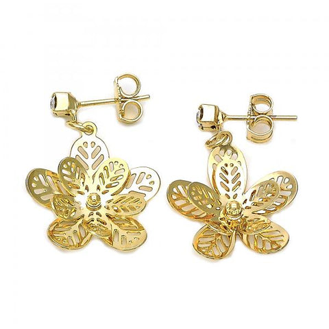 Arete Colgante 02.63.2260 Oro Laminado, Diseño de Flor, con Zirconia Cubica Blanca, Pulido, Dorado