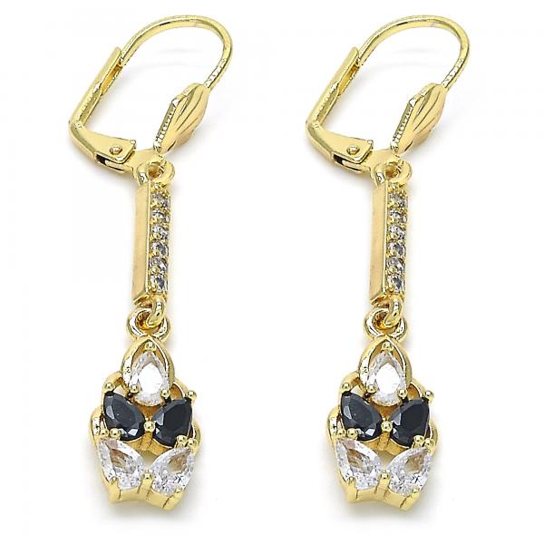 Arete Largo 02.210.0206.1 Oro Laminado, Diseño de Gota, con Zirconia Cubica Negro y Blanca, Pulido, Dorado
