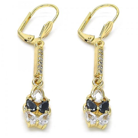 Arete Largo 02.210.0206.1 Oro Laminado, Diseño de Gota, con Zirconia Cubica Negro y Blanca, Pulido, Dorado