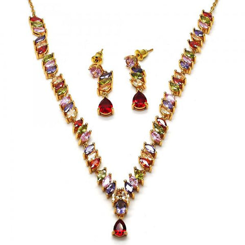 Collar y Arete 06.205.0005.1 Oro Laminado, Diseño de Gota, con Zirconia Cubica Multicolor, Pulido, Dorado