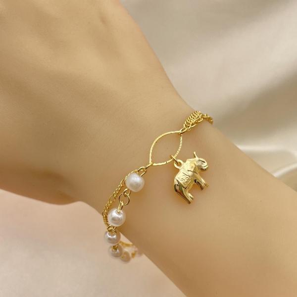Pulsera de Dije 03.32.0580.07 Oro Laminado, Diseño de Elefante y Bola, Diseño de Elefante, con Perla Marfil, Pulido, Dorado