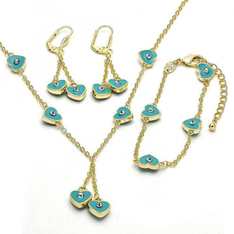 Juego de Arete y Dije de Nino 06.60.0003 Oro Laminado, Diseño de Corazon, con Cristal Blanca, Esmaltado Turquesa, Dorado