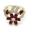 Anillo Multi Piedra 01.210.0092.1.06 Oro Laminado, Diseño de Flor, con Zirconia Cubica Rubi y Blanca, Pulido, Dorado