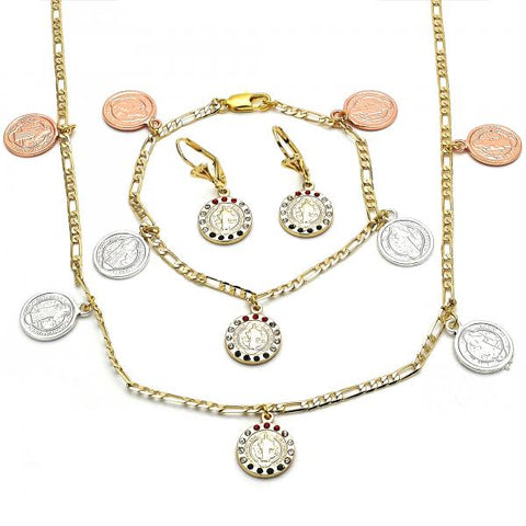 Collar, Pulso y Arete 06.253.0001 Oro Laminado, Diseño de San Benito y Elefante, Diseño de San Benito, con Cristal Multicolor, Pulido, Tricolor
