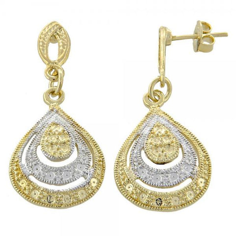 Arete Colgante 02.55.0017 Oro Laminado, Diseño de Gota, Diamantado, Dos Tonos
