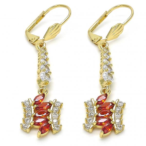 Arete Largo 02.210.0201.1 Oro Laminado, con Zirconia Cubica Granate y Blanca, Pulido, Dorado