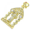 Dije Religioso 05.253.0102 Oro Laminado, Diseño de San Benito y Corazon, Diseño de San Benito, con Zirconia Cubica Blanca y Granate, Pulido, Dorado