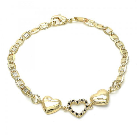 Pulsera Elegante 03.233.0023.08 Oro Laminado, Diseño de Corazon, con Cristal Negro y Blanca, Pulido, Dorado