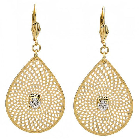 Arete Colgante 73.006 Oro Laminado, Diseño de Oja y Filigrana, Diseño de Oja, con Cristal Blanca, Diamantado, Dorado