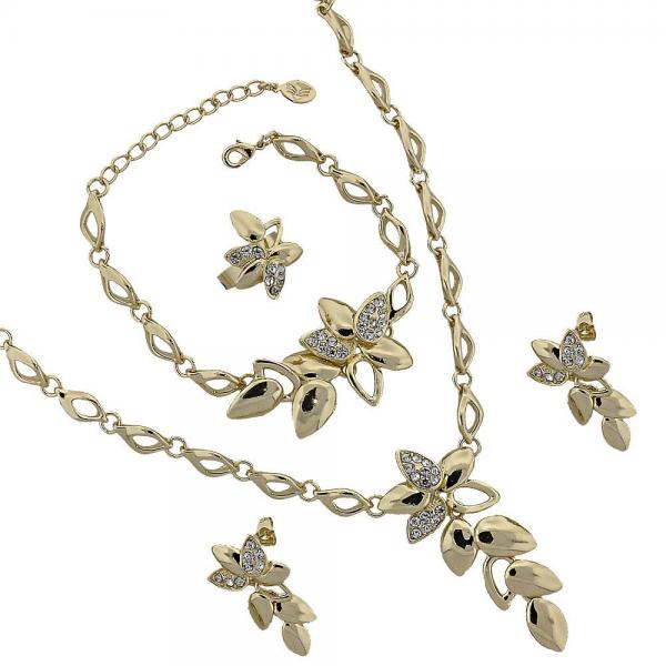 Collar, Pulso, Arete y Anillo 06.191.0016 Oro Laminado, Diseño de Flor, con Cristal , Dorado