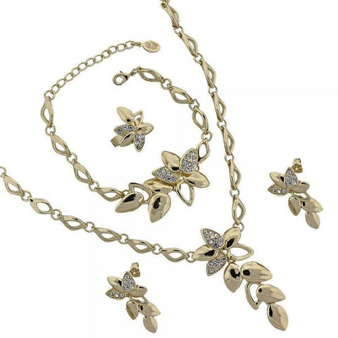 Collar, Pulso, Arete y Anillo 06.191.0016 Oro Laminado, Diseño de Flor, con Cristal , Dorado