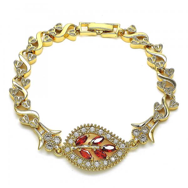 Pulsera Elegante 03.210.0121.07 Oro Laminado, Diseño de Oja y Corazon, Diseño de Oja, con Zirconia Cubica Granate y Blanca, Pulido, Dorado