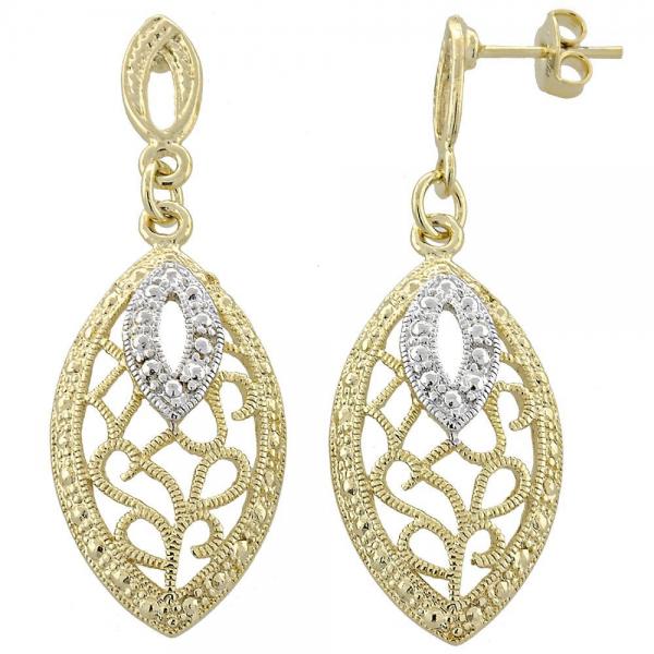 Arete Colgante 02.55.0009 Oro Laminado, Diseño de Filigrana, Diamantado, Dos Tonos